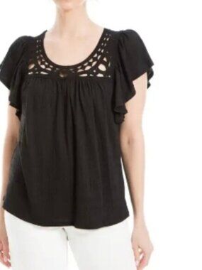 Max Studio Open Stitch Crinkle Top Black Women's Size XS  NWT